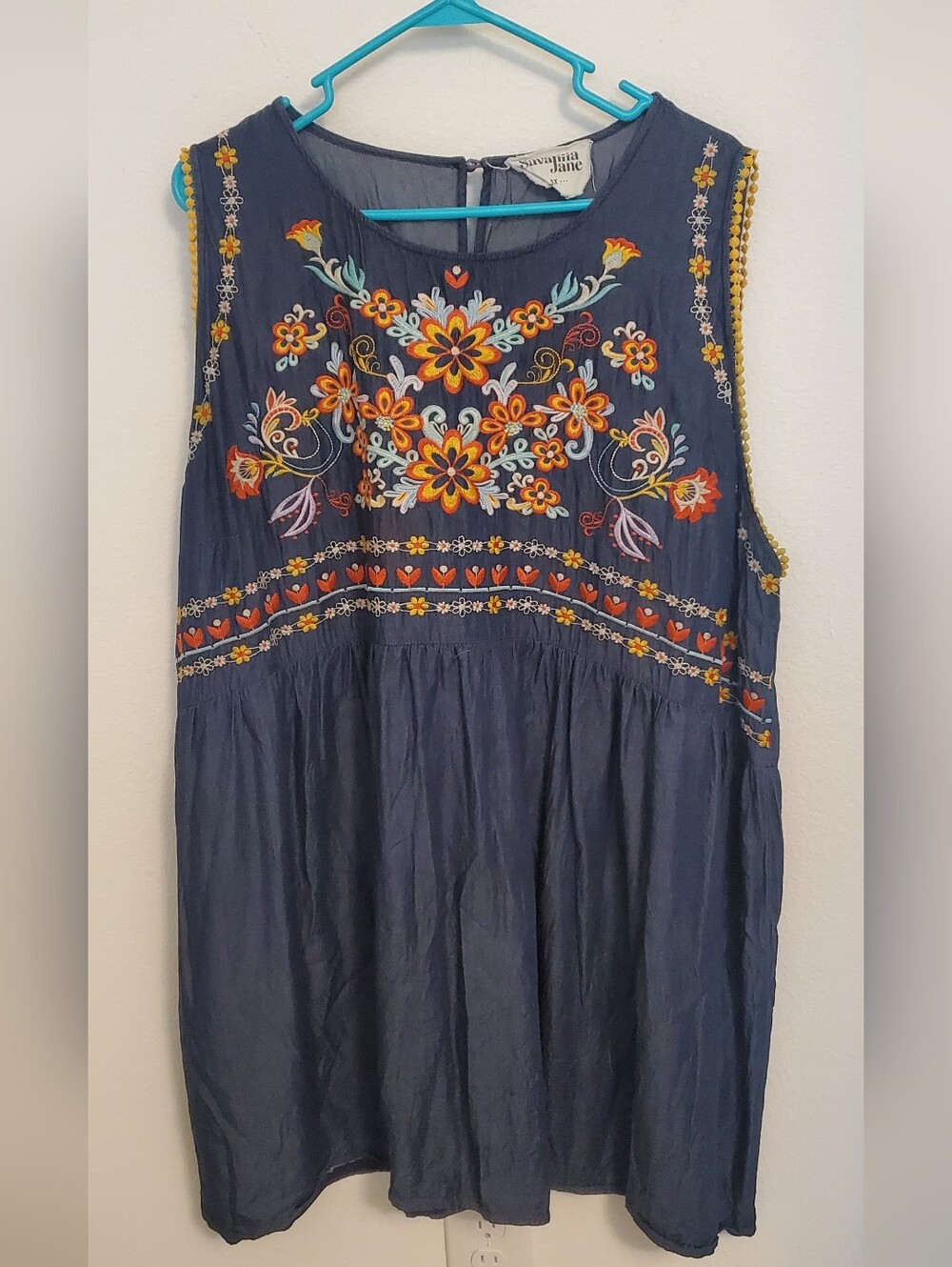Savanna Jane Blue Embroidered Babydoll Chambray Mini Dress Size 3X Boho Folk
